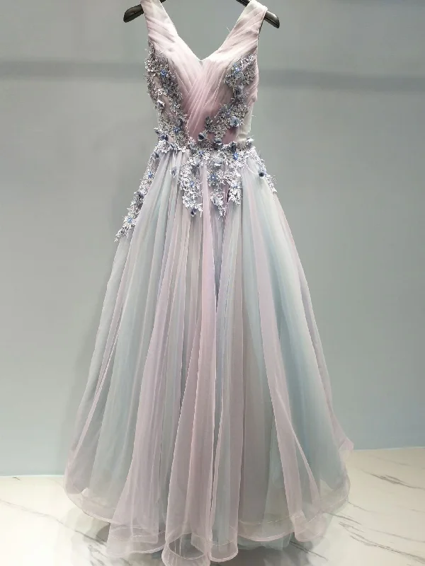 Savings Galore Beautiful Prom Dresses A-line V-neck Sweep Train Long Colorful Chic Prom Dress JKL1325