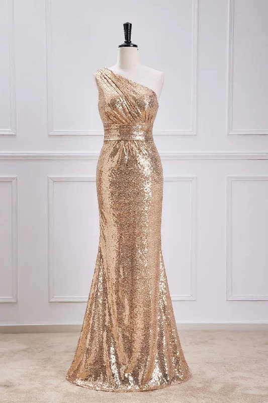 bohemian dressGold One-Shoulder Sequins Mermaid Long Bridesmaid Dress