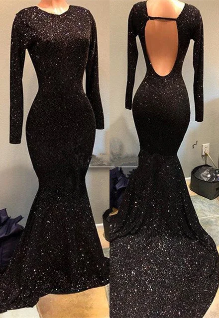 Price Rollback Black Sequins Prom Party Gowns| Long Sleeves Evening Gowns On Sale