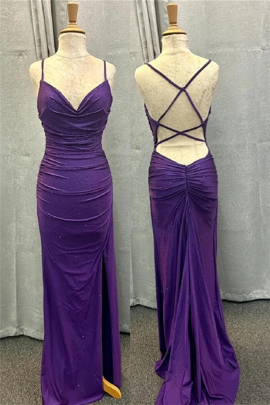 sleeveless dressPurple Cowl Neck Mermaid Satin Long Prom Dress with Slit