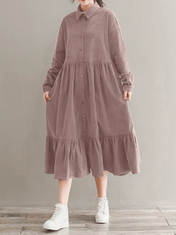 flowy maxi dressWomen Corduroy Casuallace-Up Ruffles Hem Loose Full Sleeve Mid-Calf Length Midi Dress