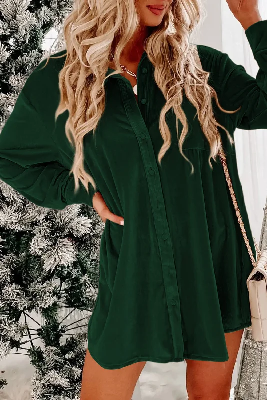 Exclusive Deal Blackish Green Velvet Button Front Shirt Mini Dress