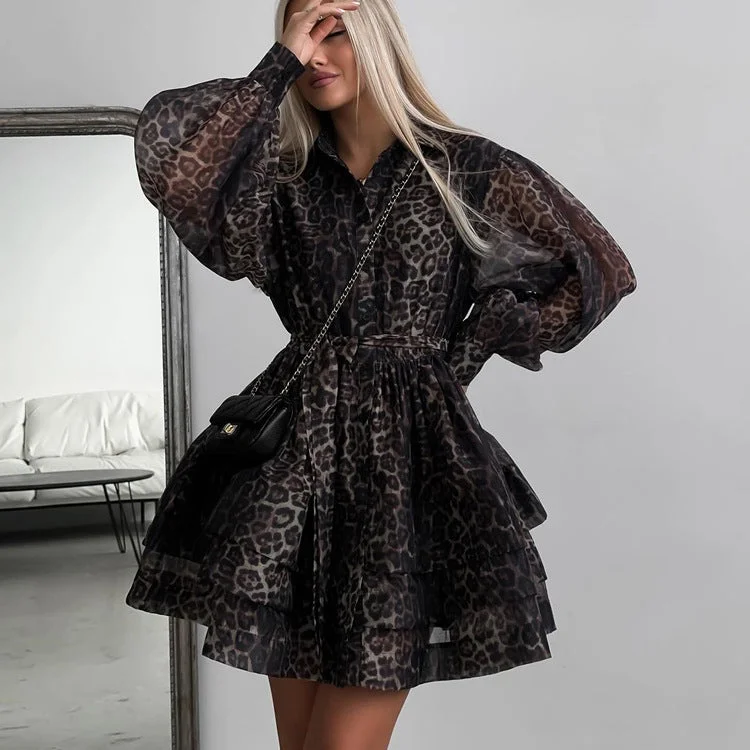 one-shoulder dressChiffon Leopard Print Long Sleeve Dress