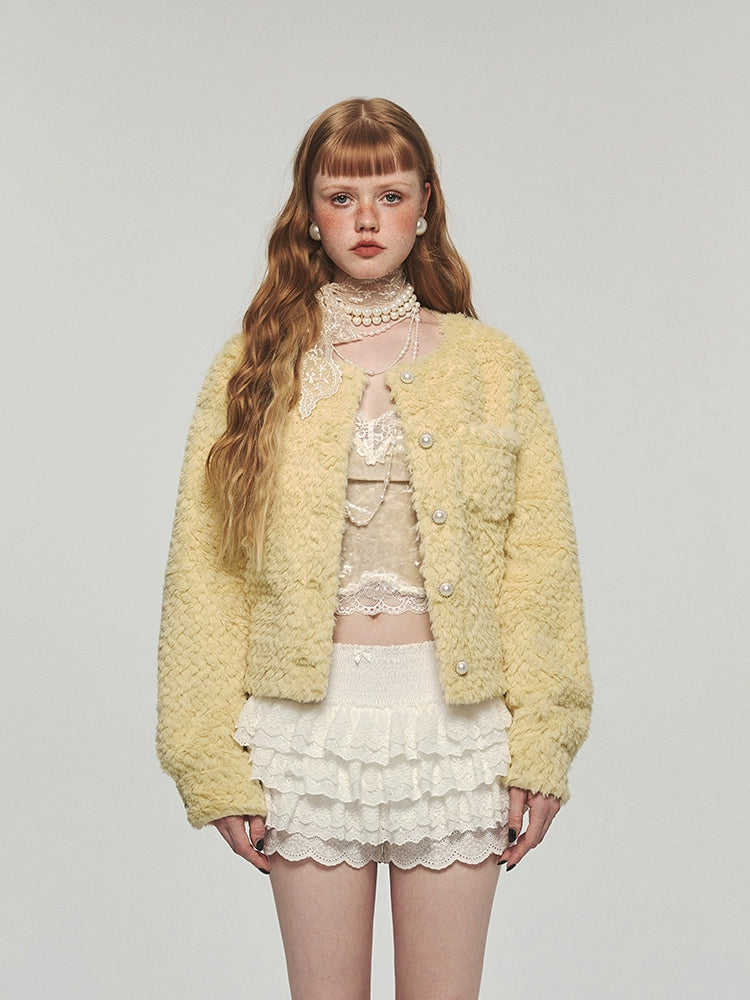 lightweight outerwearYellow Faux Fur Casual Crop Coat