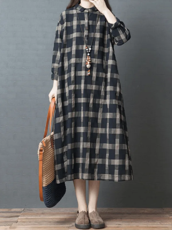 casual shift dressCasual Women Plaid Button Half Sleeve Dress