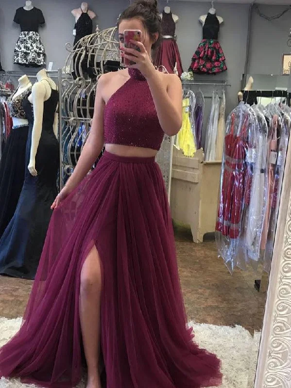 Doorbuster Deal Two Piece Prom Dresses High Neck A Line Floor-length Tulle Long Sexy Slit Prom Dress JKS305 Doorbuster Deal Two Piece Prom Dresses High Neck A Line Floor-length Tulle Long Sexy Slit Prom Dress JKS305