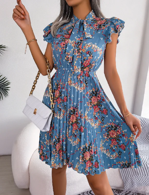 elegant maxi dressPleated Floral Printed Tie Neck Knee Length  Short Sleeve Dress