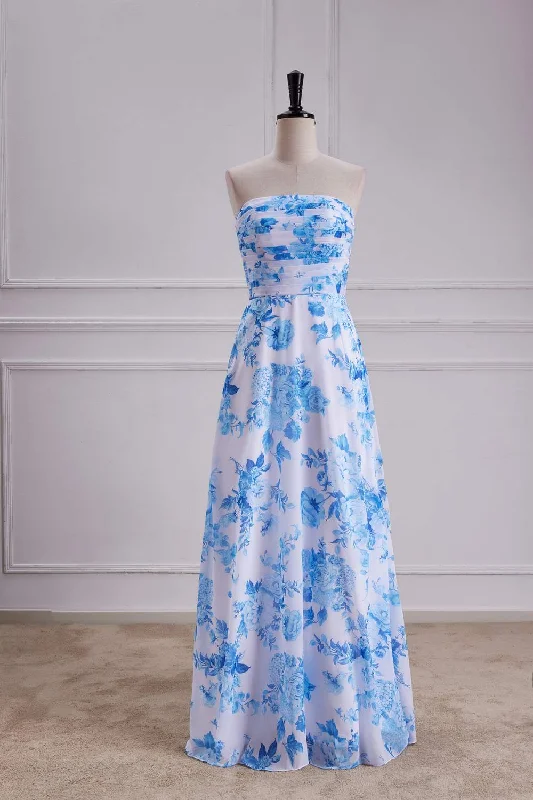 A-line dressBlue Floral Strapless A-line Long Bridesmaid Dress