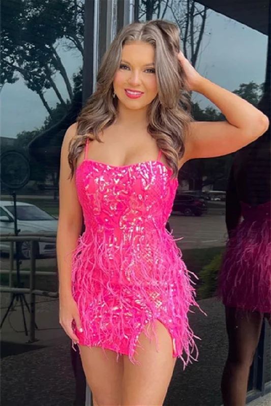 Value Deals ruched dressHot Pink Sequins Straps Homecoming Dress with Feathers