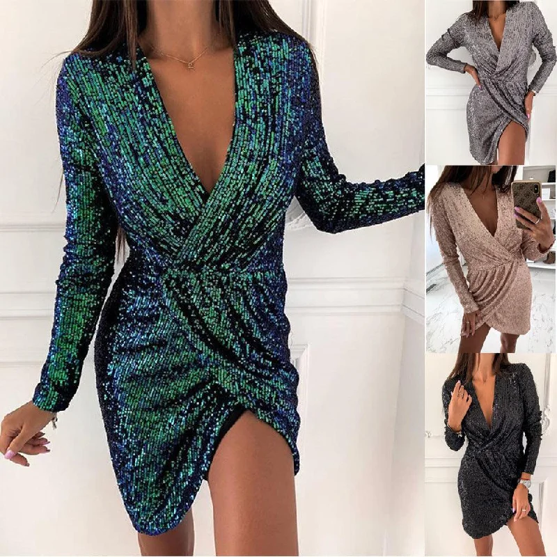 denim dressLadies Sequin Dress Long Sleeve V-Neck Mini Skirt