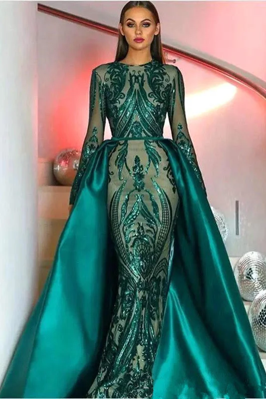 Super Deal Emerald Green Long Sleevess Mermaid Prom Party Gowns with detachable Train Super Deal Emerald Green Long Sleevess Mermaid Prom Party Gowns with detachable Train