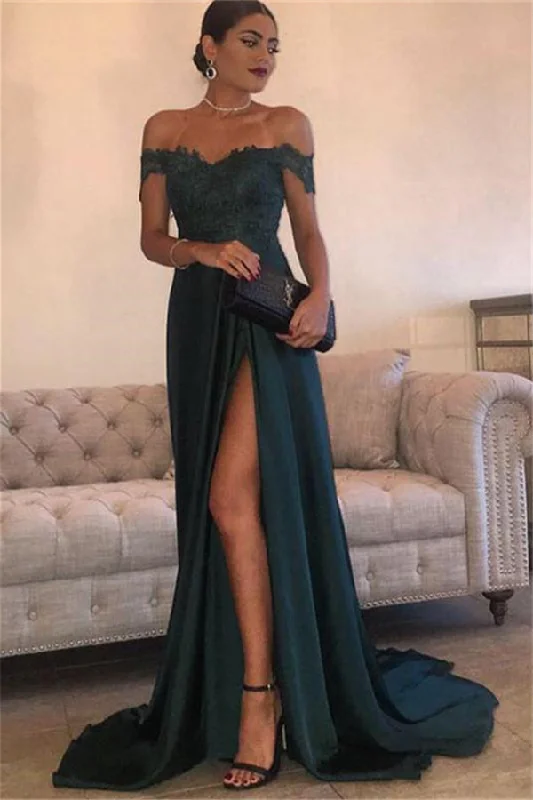 Deep Discounts THERESA A-line Floor Length Split Off-the-Shoulder Lace Prom Dresses Deep Discounts THERESA A-line Floor Length Split Off-the-Shoulder Lace Prom Dresses