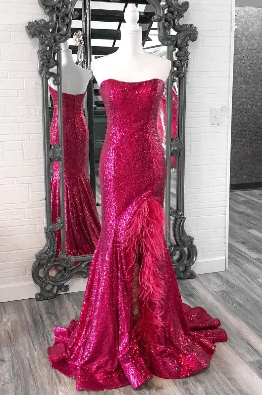 While Supplies Last shift dressFuchsia Sequin Feather Strapless Mermaid Long Prom Dress with Slit While Supplies Last shift dressFuchsia Sequin Feather Strapless Mermaid Long Prom Dress with Slit