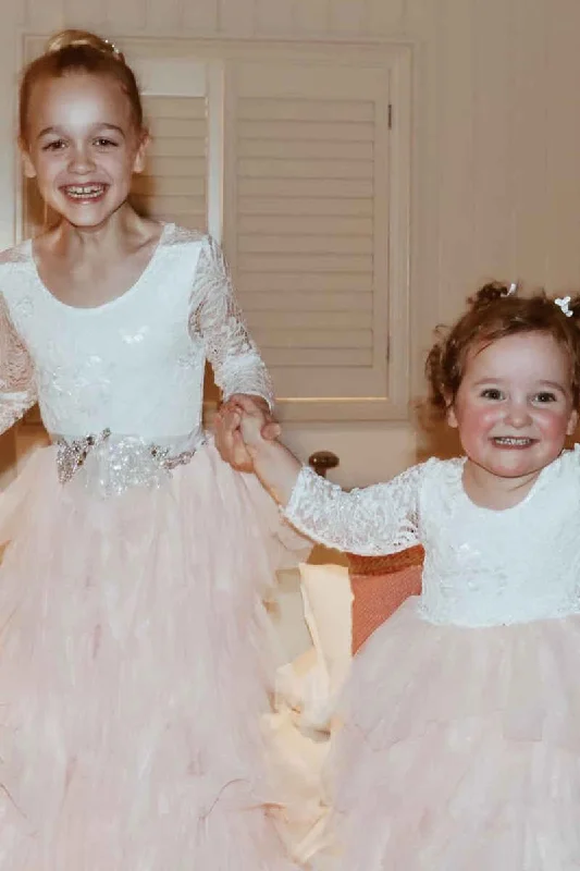 elegant evening dressWhite &Blush Pink Long Sleeve Backless Multi-Tiered Flower Girl Dress