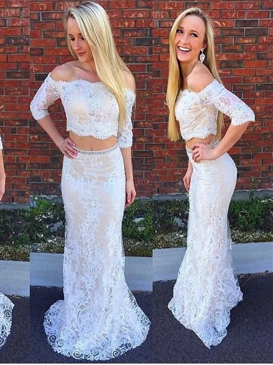 Limited Availability Two Piece Prom Dresses Mermaid Trumpet Off-the-shoulder Short Train White Lace Prom Dress JKS288 Limited Availability Two Piece Prom Dresses Mermaid Trumpet Off-the-shoulder Short Train White Lace Prom Dress JKS288