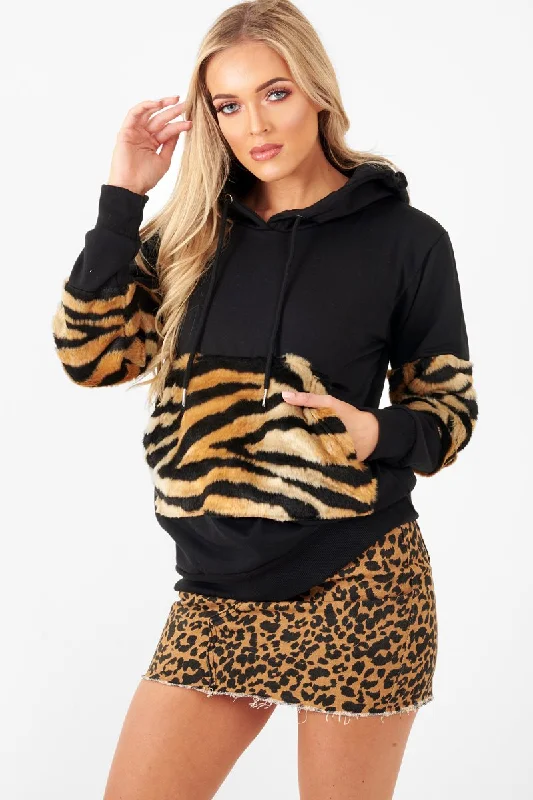 graphic pullover with printBlack Faux Tiger Fur Detail Hoodie - Braelyn