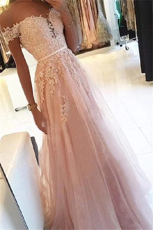 Early Bird Discount Simple Pink Off-the-Shoulder Applique Prom Dresses Soft Tulle Sleeveless Chic Evening Dresses Early Bird Discount Simple Pink Off-the-Shoulder Applique Prom Dresses Soft Tulle Sleeveless Chic Evening Dresses