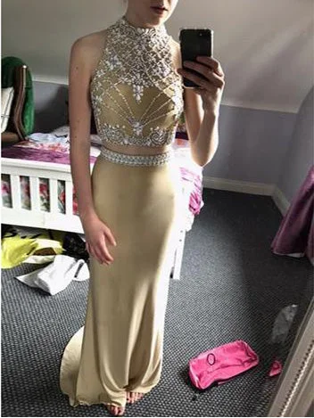 Midnight Sale Two Piece Prom Dresses High Neck Short Train Long Prom Dress Sexy Evening Dress JKS308 Midnight Sale Two Piece Prom Dresses High Neck Short Train Long Prom Dress Sexy Evening Dress JKS308