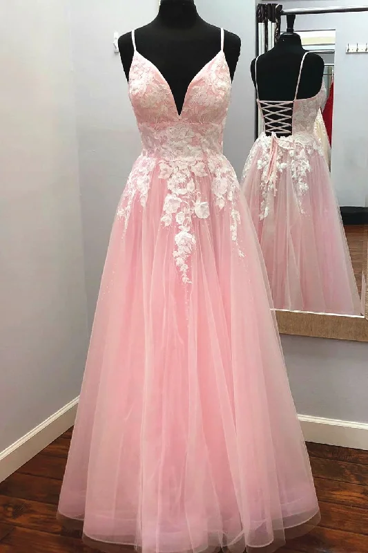 flowy evening dressElegant V Neck Lace-Up Back Pink Long Prom Dress with Appliques