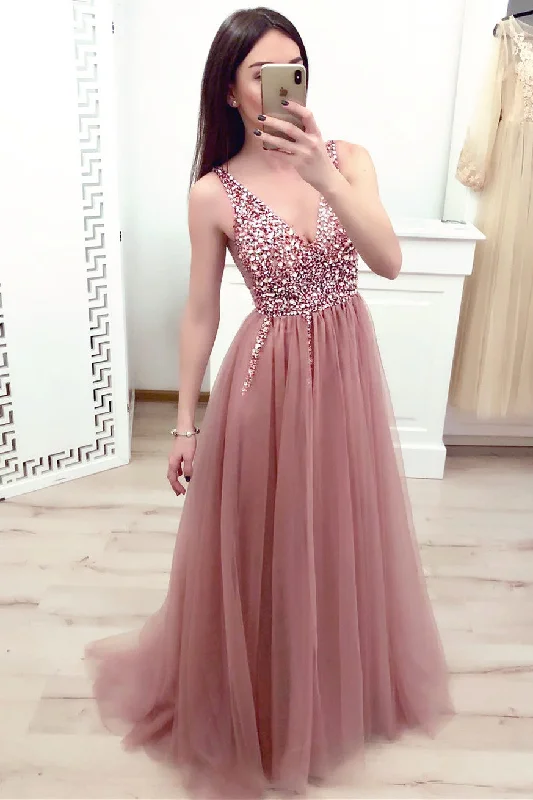 flowy maxi dressBlush Pink Beaded Long Prom Dress with Slit