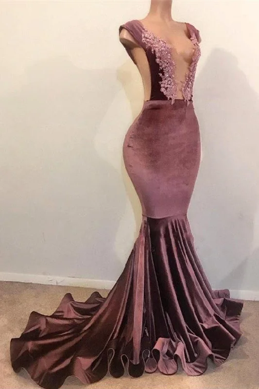 Steals and Deals Mermaid Sleeveless Floor Length Appliques Velvet Prom Dresses