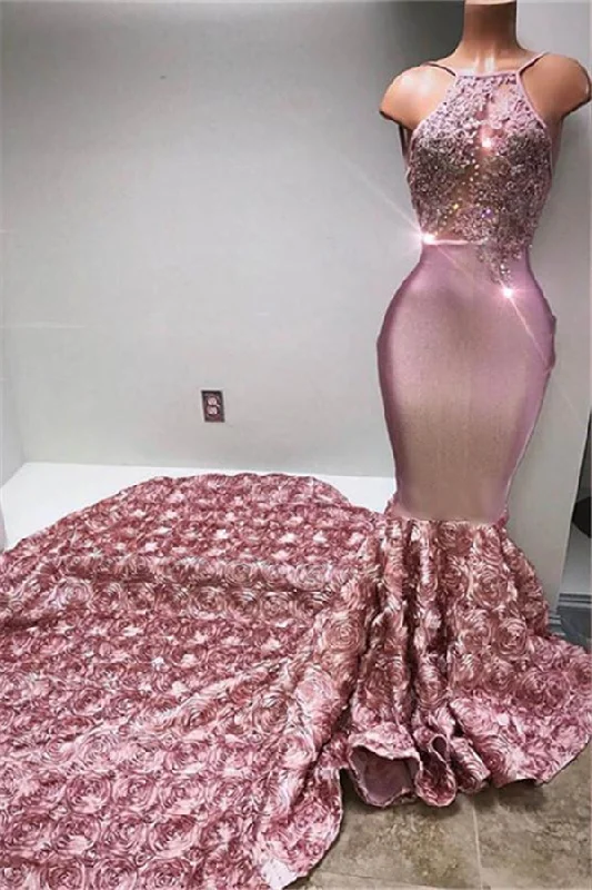 Don't Miss Gorgeous Halter Mermaid Pink Prom Party GownsLace With 3D-Floral Flowers Bottom Don't Miss Gorgeous Halter Mermaid Pink Prom Party GownsLace With 3D-Floral Flowers Bottom