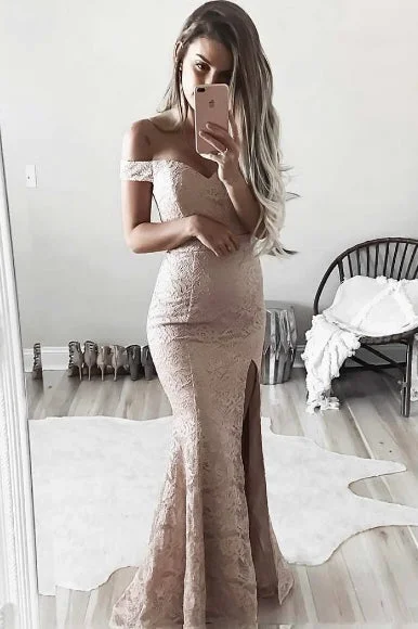 sleek dressElegant Off Shoulder Mermaid Pink Lace Bridesmaid Dress with Slit