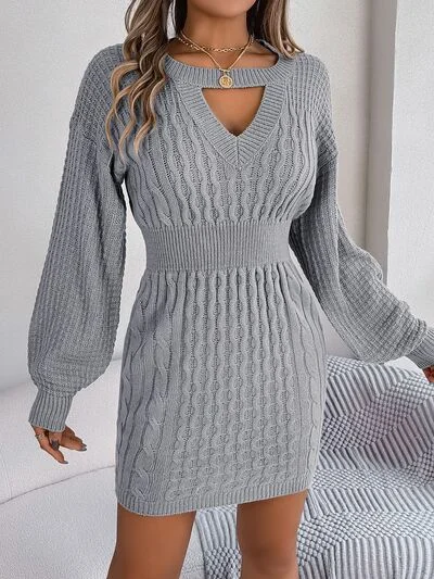 draped dressCable-Knit Cutout Round Neck Slit Long Sleeve Sweater Dress