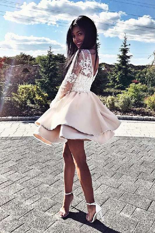 Anniversary Sale Long Sleeve Satin Short Homecoming Dress, A Line Lace Mini Party Dresses ANN1085 Anniversary Sale Long Sleeve Satin Short Homecoming Dress, A Line Lace Mini Party Dresses ANN1085