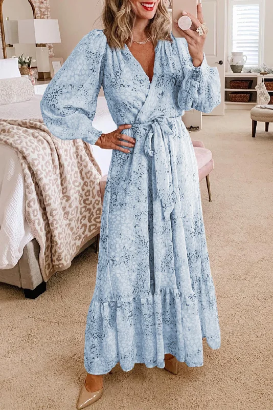 spaghetti strap dressSky Blue Printed Surplice Neck Bubble Long Sleeve Maxi Dress with Tie waist