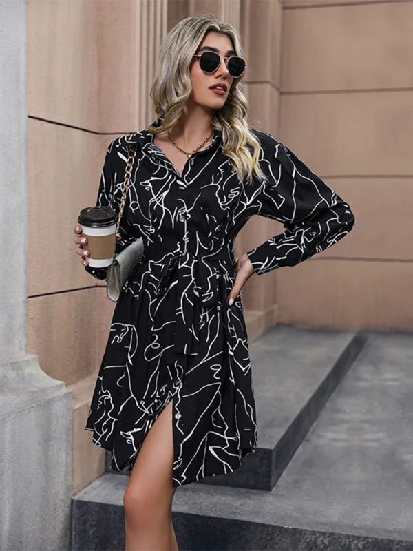 sleek midi dressNew casual printed shirt long sleeve dress