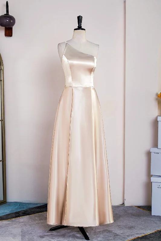 comfy maxi dressChampagne One Shoulder A-line Satin Tea Length Bridesmaid Dress