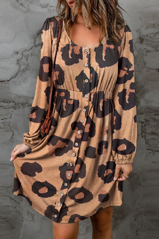 Take Advantage Leopard Print Button Front Bubble Sleeve Loose Knit Dress