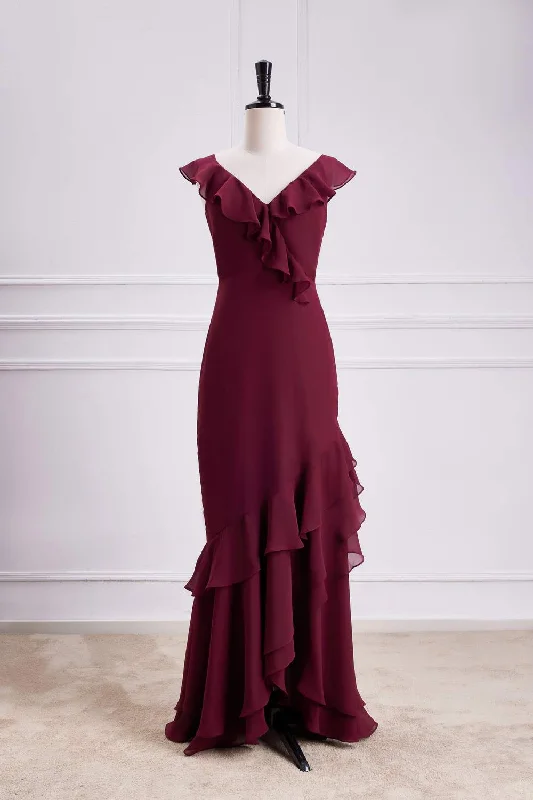 one-shoulder dressWine Red Ruffled Neck Mermaid Layers Long Bridesmaid Dress