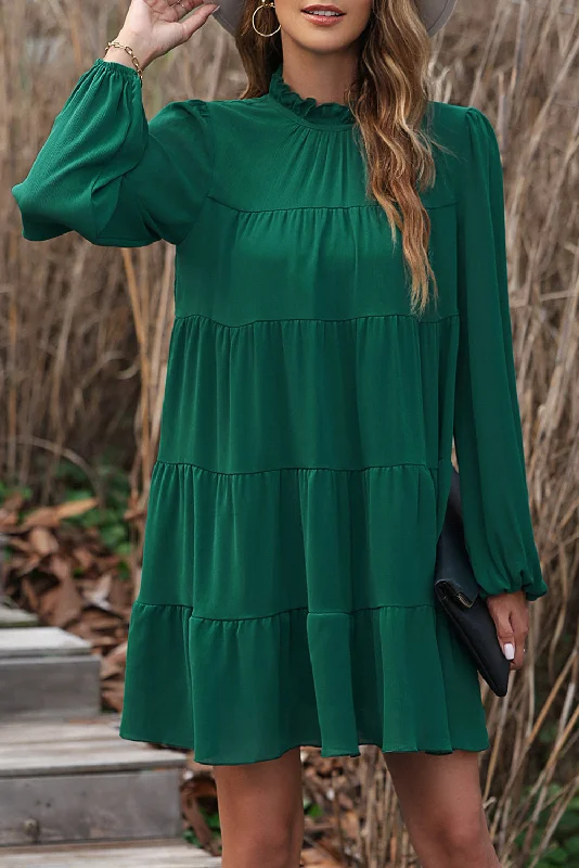 Loyalty Reward Green Puff Sleeve Mock Neck Back Knot Tiered Dress