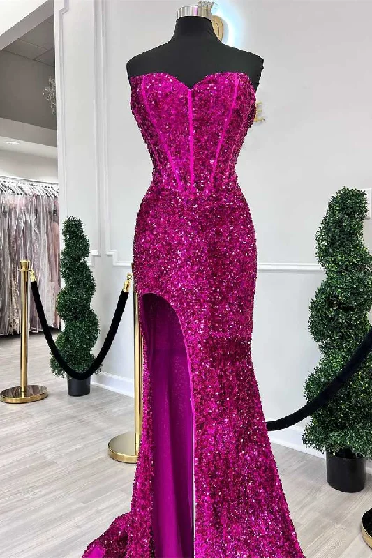Referral Discount winter dressFuchsia Sequin Strapless Mermaid Long Prom Dress with Slit Referral Discount winter dressFuchsia Sequin Strapless Mermaid Long Prom Dress with Slit