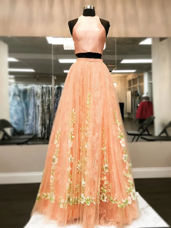 Best Deals Two Piece Prom Dresses High Neck Aline Floral Lace Orange Long Chic Prom Dress JKL1340 Best Deals Two Piece Prom Dresses High Neck Aline Floral Lace Orange Long Chic Prom Dress JKL1340