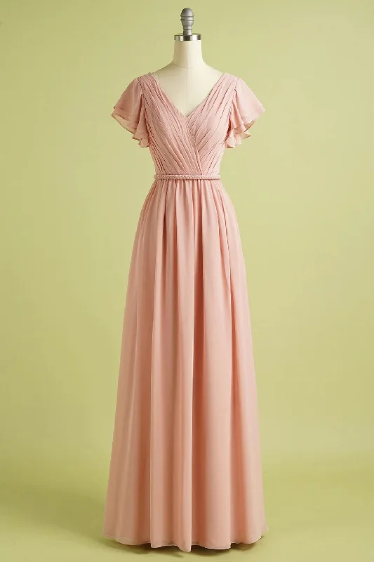 romantic dressV Neck Blush Bridesmaid Dress with Flutter Sleeve