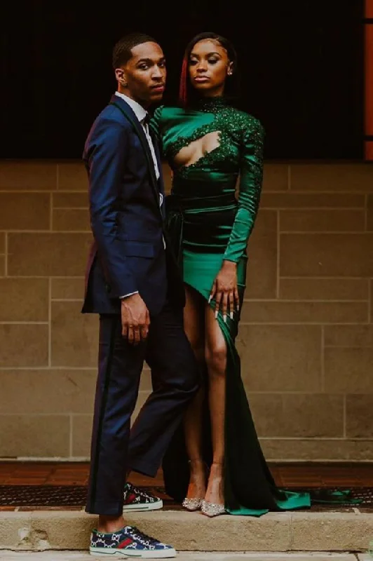 Price Smash Chic Dark Green Appliques Front Split Prom Party GownsLong Sleeves