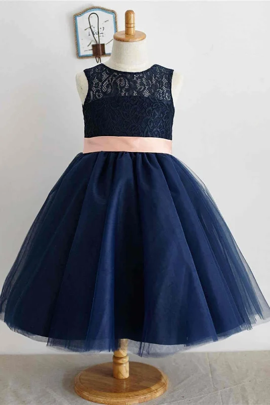 ashionable dressCute Crew Neck  Navy Blue Flower Girl Dress