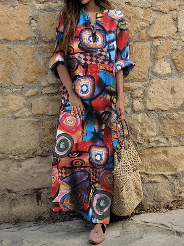 chic shift dressWomen Ethnic Abstract Print Long Sleeve Bohemian Maxi Dress