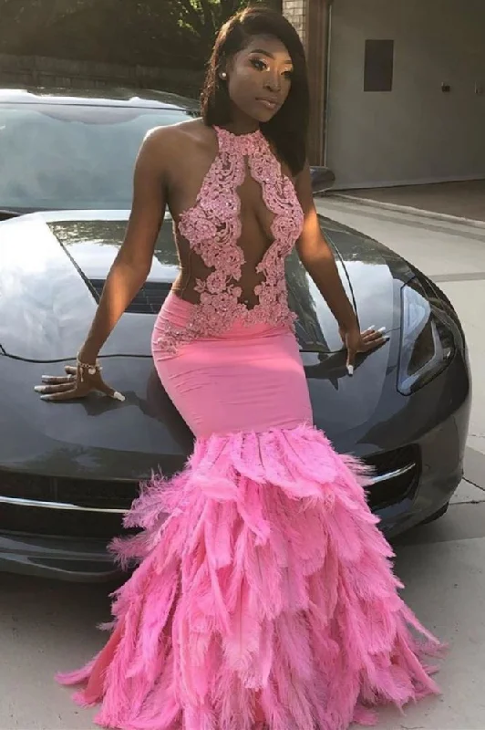 Grand Opening Sale Pink Halter Mermaid Feather Prom Party GownsAppliques Evening Dressing Grand Opening Sale Pink Halter Mermaid Feather Prom Party GownsAppliques Evening Dressing