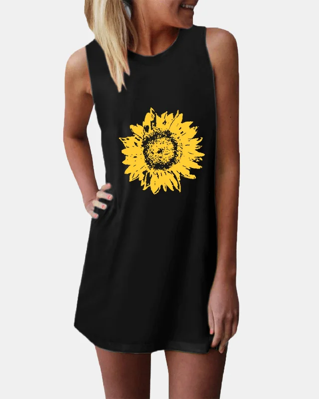 mini dressSunflower Print O-Neck Sleeveless Casual Mini Dress