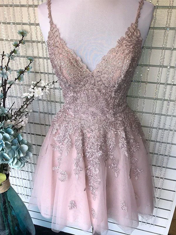 Hurry In Dusty Blush Tulle Spaghetti Straps V-Neck A-Line Cute Homecoming Dress AN8804 Hurry In Dusty Blush Tulle Spaghetti Straps V-Neck A-Line Cute Homecoming Dress AN8804
