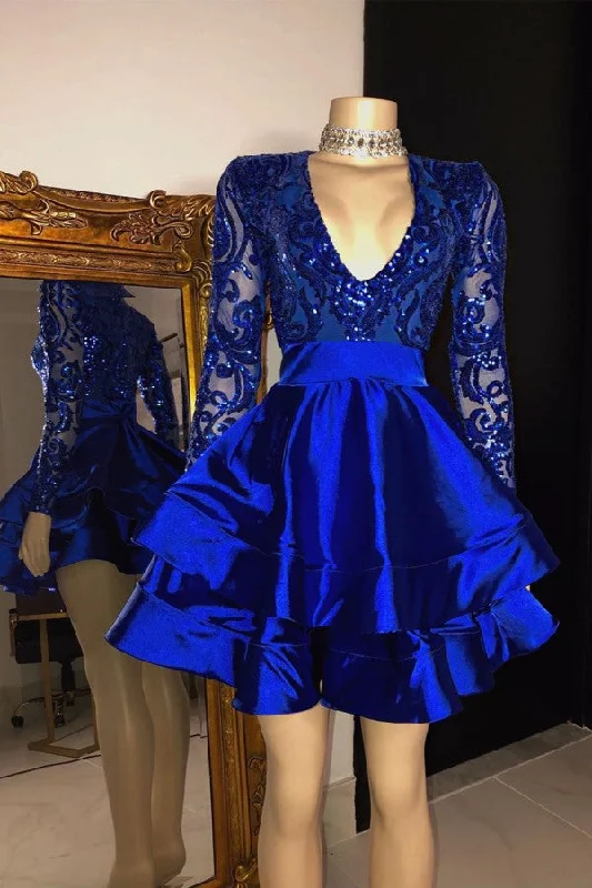 Stock Up and Save Sequins Appliques Long Sleevess V-neck Layers Short Homecoming Dresses Stock Up and Save Sequins Appliques Long Sleevess V-neck Layers Short Homecoming Dresses