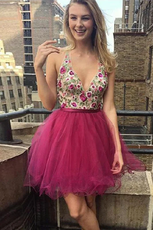 Weekend Deal Hot Pink V Neck Embroidery Backless Homecoming Dresses Short Prom Graduation Dress AN1485 Weekend Deal Hot Pink V Neck Embroidery Backless Homecoming Dresses Short Prom Graduation Dress AN1485