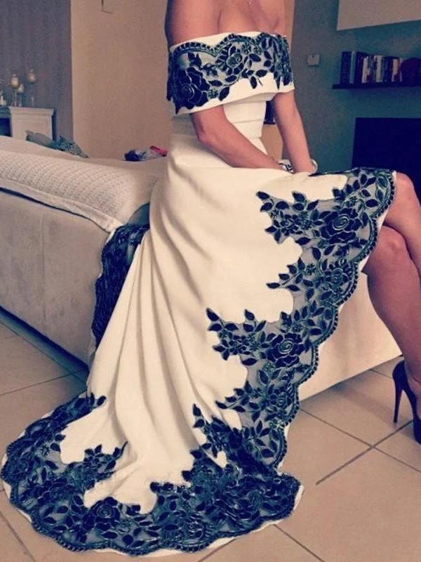 Super Deal High Low Prom Dresses A-line Off-the-shoulder Scoop Sexy Prom Dress Long Evening Dress JKL724
