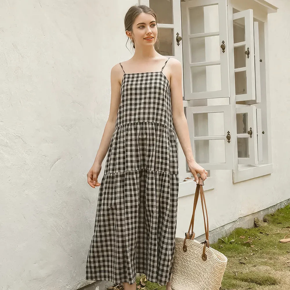 elegant maxi dressVintage Plaid Cotton Linen Summer Dress