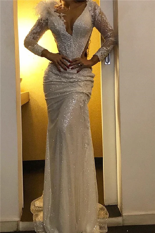 Big Savings Sequined Mermaid V-neck Evening Dresses Chic Sparkling Fur Formal Gowns