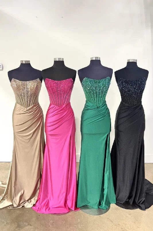 chic shift dressBeaded Fuchsia Strapless Satin Mermaid Long Prom Dress